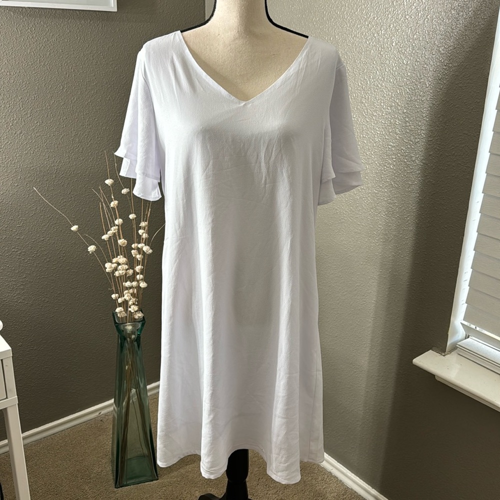 QIXING Womens Summer Loose Mini Dress V-Neck Bell Short Sleeve Double Layer